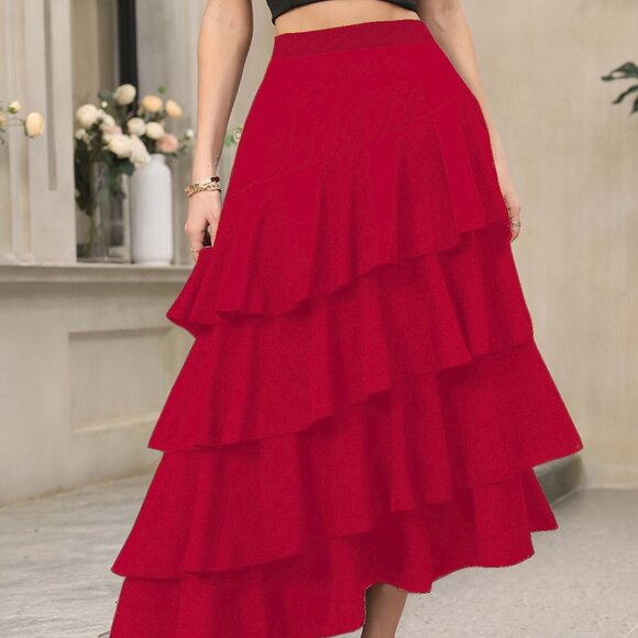 Elegant Ruffle Hem Tiered Skirt - High Waist Perfect for Womens Curvy Figure - Picture 6 of 8